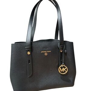 Michael Kors Black Saffiano Leather Tote Shoulder Bag Gold MK Charm